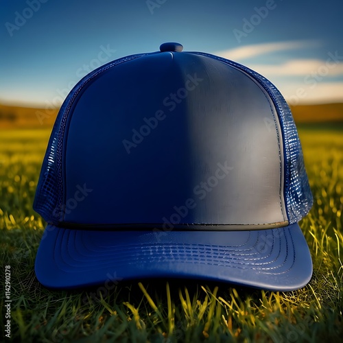 cobalt blue trucker hat in a vibrant outdoor scene mockup photo