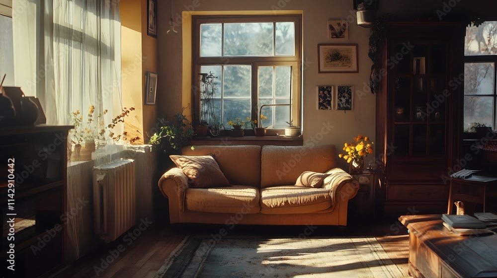 Sunlit Living Room With Comfortable Sofa And Plants Sunlit Living Room With Comfortable Sofa And Plants