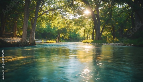 Sunlit river flowing through lush green forest.