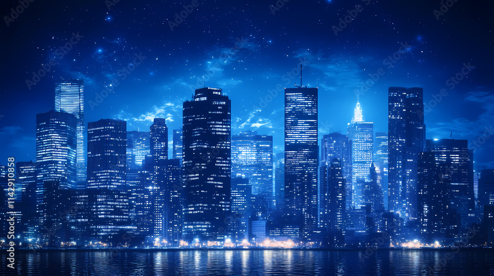 A stunning city skyline illuminated at night, showcasing tall skyscrapers with glowing lights against a dark blue sky. Nocturne. Illustration A stunning city skyline illuminated at night, showcasing tall skyscrapers with glowing lights against a dark blue sky. Nocturne. Illustration