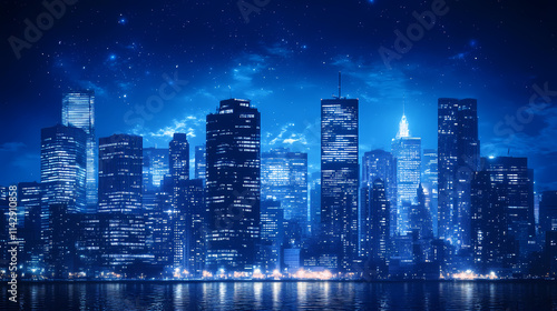 A stunning city skyline illuminated at night, showcasing tall skyscrapers with glowing lights against a dark blue sky. Nocturne. Illustration