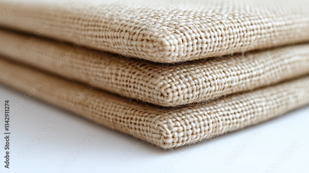 Stacked Beige Burlap Fabric Pieces Close Up Stacked Beige Burlap Fabric Pieces Close Up