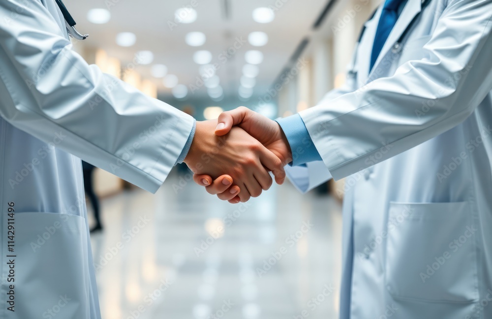 Two researchers in white coats shake hands in hospital lobby. Cooperation between professionals in health care. Partnership, teamwork highlighted. Moment of agreement, collaboration. Setting pro, Two researchers in white coats shake hands in hospital lobby. Cooperation between professionals in health care. Partnership, teamwork highlighted. Moment of agreement, collaboration. Setting pro,