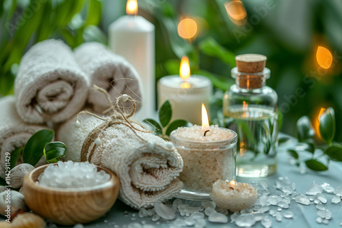 Cozy atmospehere with soft towels and liquid soap in a serene spa setting ai design photo