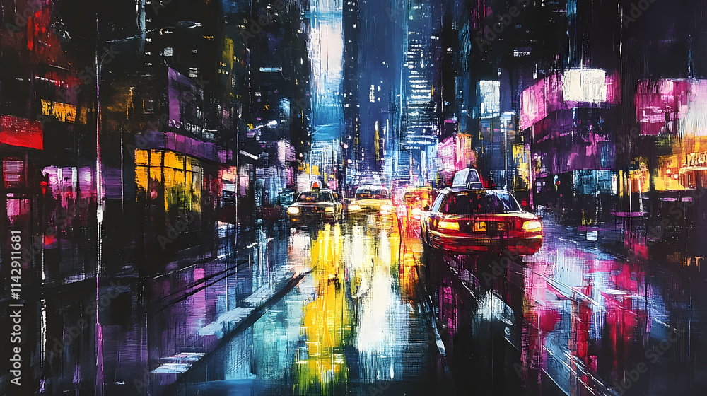 An urban nocturne featuring a symphony of neon lights cutting through the darkness, creating a vibrant and dynamic contrast against the city's evening gloom. Nocturne. Illustration An urban nocturne featuring a symphony of neon lights cutting through the darkness, creating a vibrant and dynamic contrast against the city's evening gloom. Nocturne. Illustration