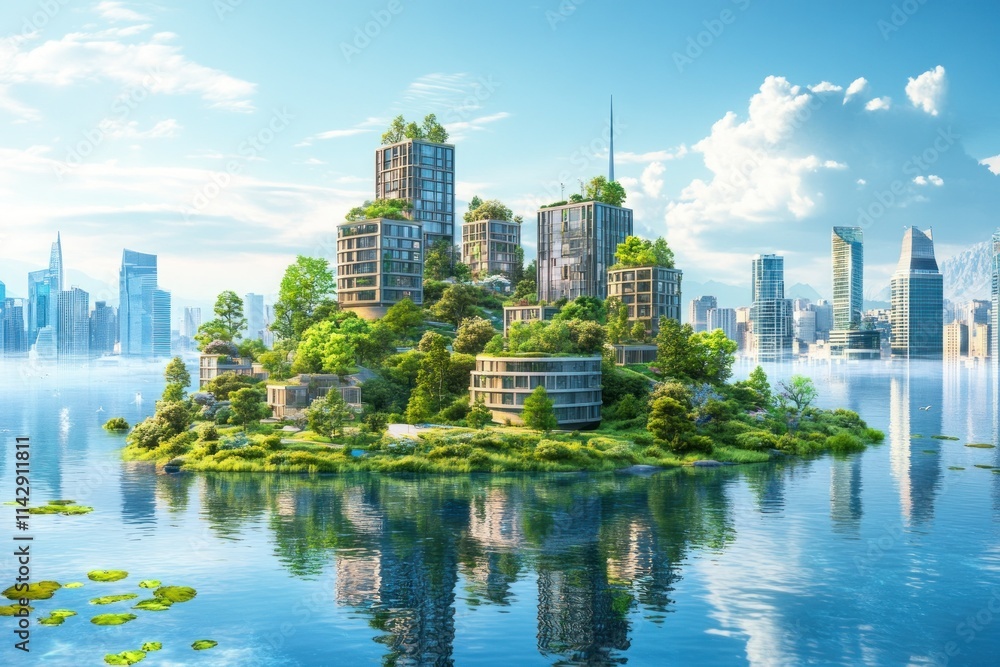 Naklejka premium Futuristic Eco-Friendly Cityscape Emerging from Serene Waters Under a Bright Blue Sky with Lush Greenery and Innovative Architectural Designs