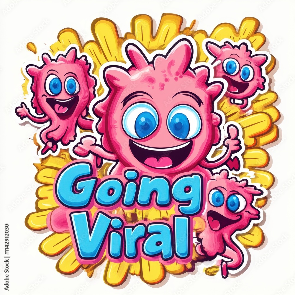 Naklejka premium Fun Going Viral text with vibrant cartoon explosion background and cheerful pink character, dynamic design for social media and online success themes