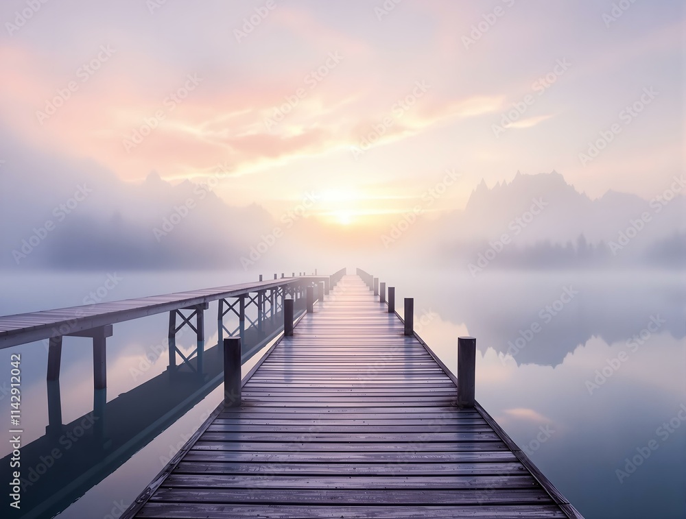 Fototapeta premium serene, foggy sunrise over a calm lake, with a wooden dock extending into the misty waters. The sky is a gradient of soft pink and orange hues, blending into the foggy horizon.