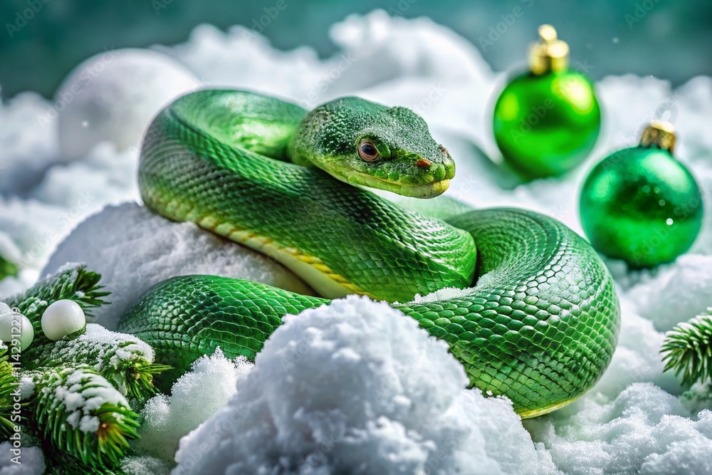 Snowy Serpent: Green Snake Ornament Winter Fashion Photography Snowy Serpent: Green Snake Ornament Winter Fashion Photography
