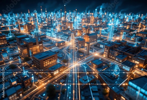 Wallpaper Mural An energy grid visualized as glowing lines powering abstract representations of factories, offices, and shops Torontodigital.ca