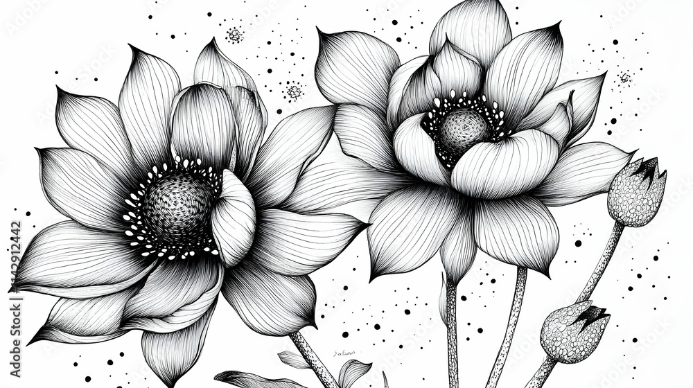 Fototapeta premium A black-and-white illustration of three flowers with intricate detailing -