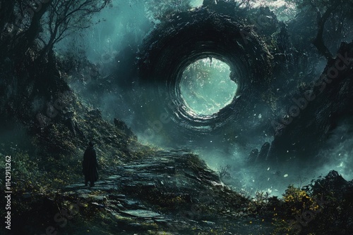 A person walking through a dense and dark forest, illuminated only by the faint moonlight