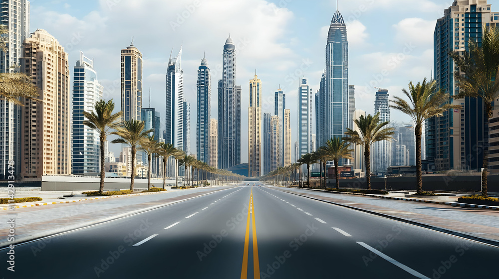 Naklejka premium A city street with towering buildings and a wide, empty road -