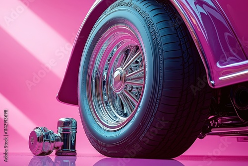 Wallpaper Mural Close-up of classic car wheel with chrome hubcap on vibrant pink background Torontodigital.ca