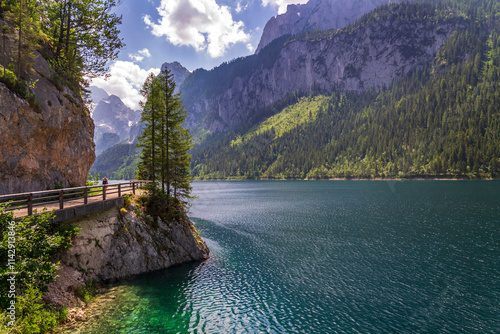 Beautiful nature on the shores of the Vorderer Gosausee lake near Gosau, Austria, sunny summer day photo