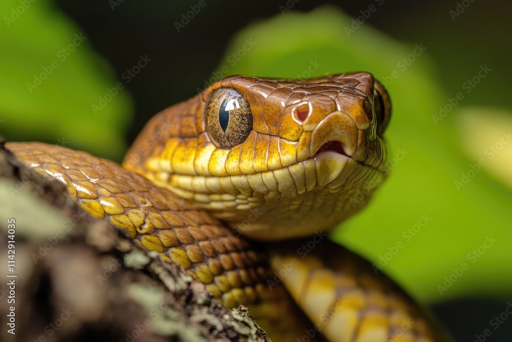 A close-up view of a snake curled around a branch, showcasing its scaly texture and natural habitat A close-up view of a snake curled around a branch, showcasing its scaly texture and natural habitat