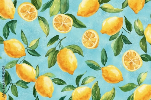 Vibrant Lemon Pattern with Fresh Green Leaves and Light Blue Background, Ideal for Summer Themes and Citrus-inspired Designs for Invitations, Fabrics, and Wall Art