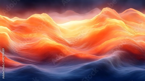 A colorful, abstract landscape with orange and blue waves