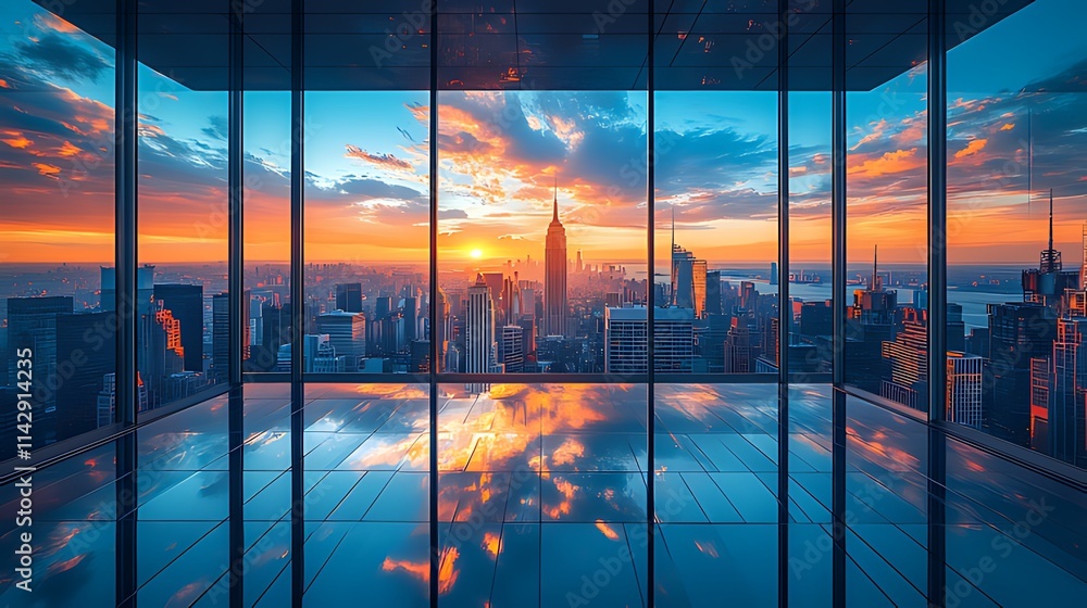 Fototapeta premium Stunning sunset cityscape view from a modern glass office.