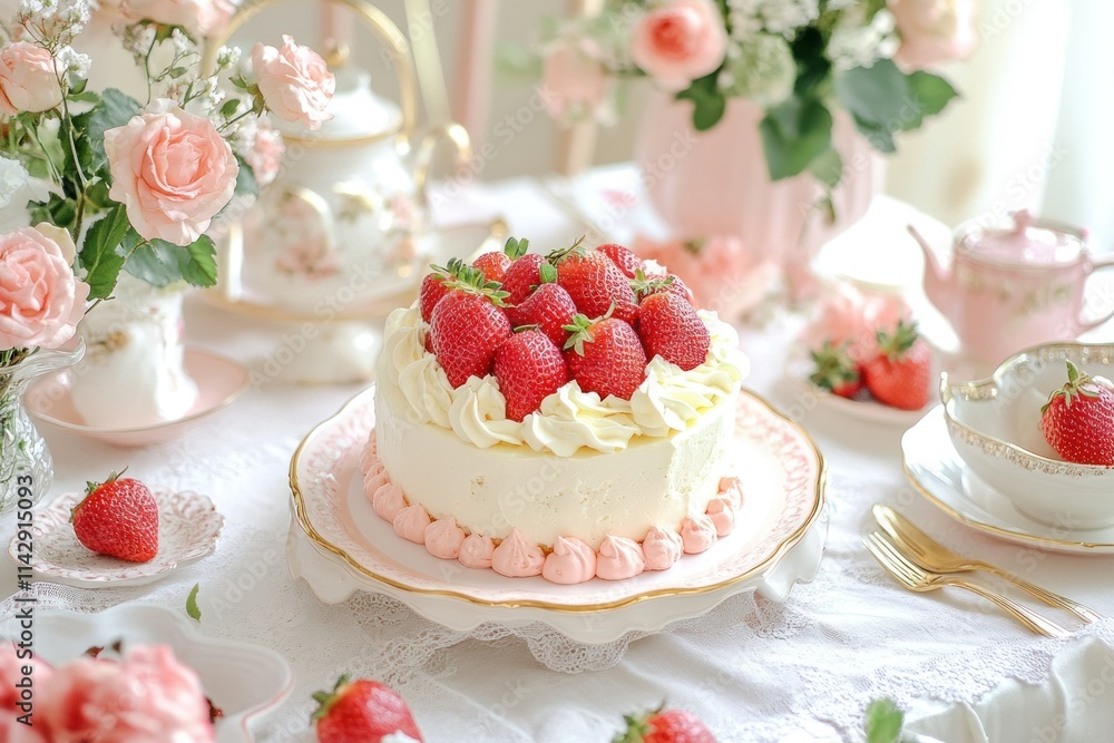Delightful Strawberry Cake Surrounded by Fresh Strawberries and Elegant Floral Arrangement on a Cozy Dining Table Setting Delightful Strawberry Cake Surrounded by Fresh Strawberries and Elegant Floral Arrangement on a Cozy Dining Table Setting