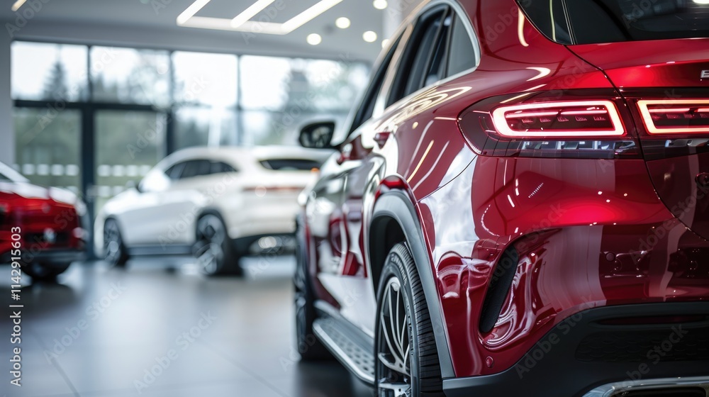 Automotive Showroom. Luxury Red and White New Car Parked in Modern Showroom Interior Automotive Showroom. Luxury Red and White New Car Parked in Modern Showroom Interior