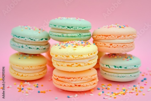 Colorful Macarons with Sprinkles Stacked on Pink Background, Perfect for Dessert Themes, Celebrations, and Sweet Treat Photography photo