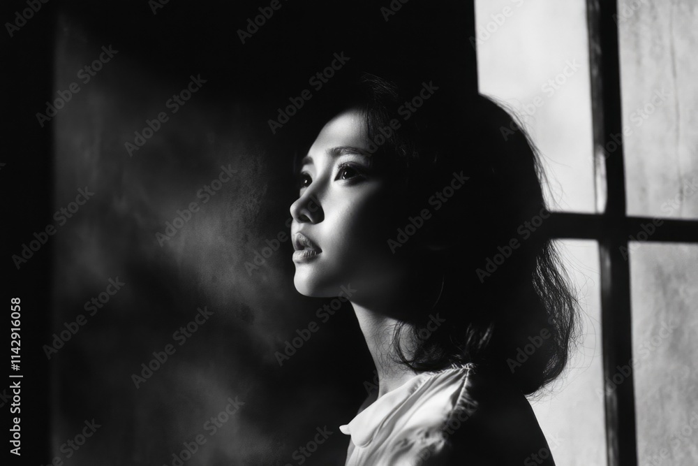 A black and white photo of a woman gazing out the window, possibly lost in thought A black and white photo of a woman gazing out the window, possibly lost in thought