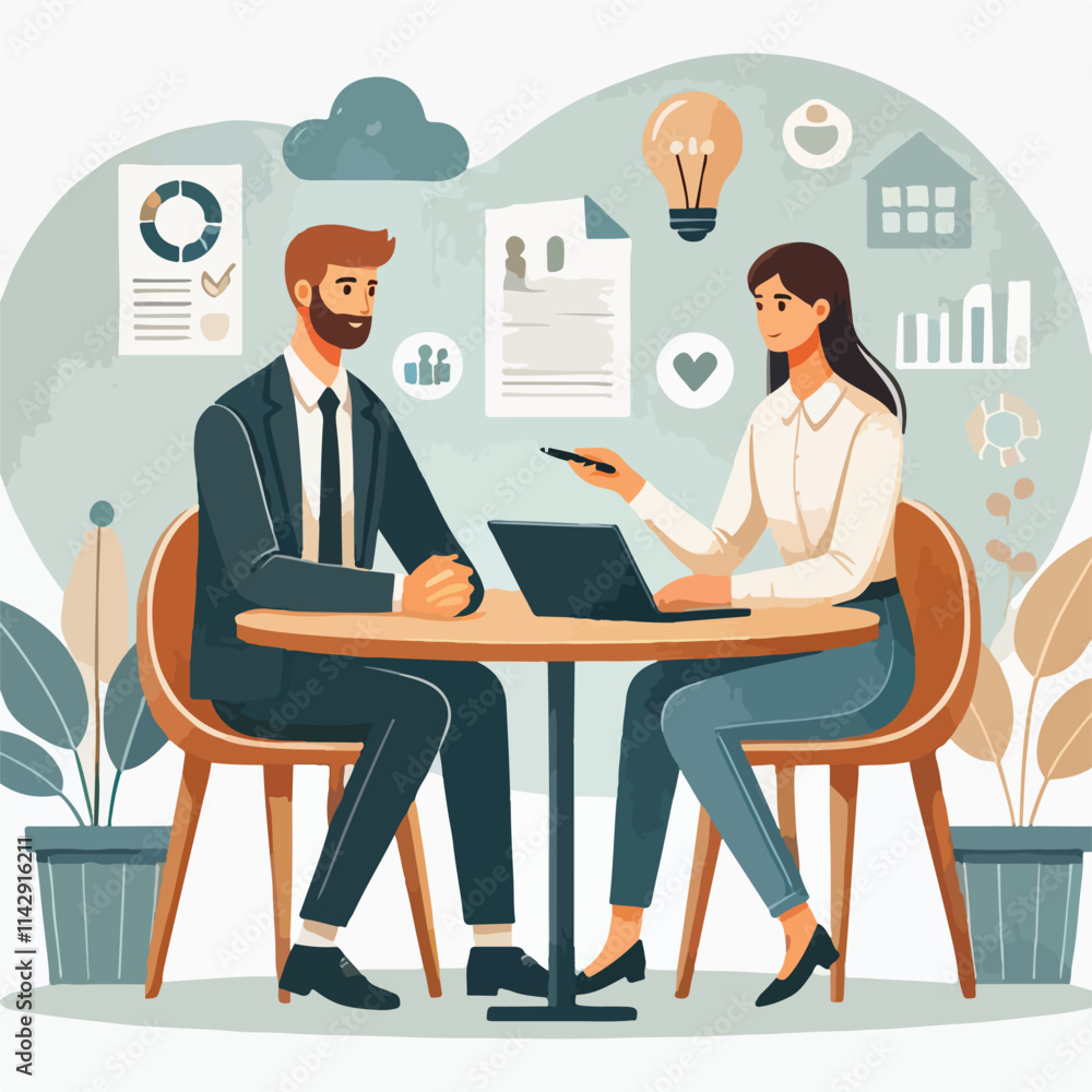 Partners meeting for business discussion with documents and laptop on desk. Couple at round table, speaking, discussing work, partnership. Flat vector on a white background Partners meeting for business discussion with documents and laptop on desk. Couple at round table, speaking, discussing work, partnership. Flat vector on a white background