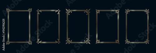 Golden Frames Set. Thin Line Gold Borders Luxury Minimalist Collection. Premium Vector Brass Outline Geometric Rectangles. Linear Decorative Banners with Black Background Isolated