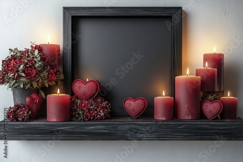 Red candles arranged on a mantle, perfect for a cozy atmosphere or romantic evening photo