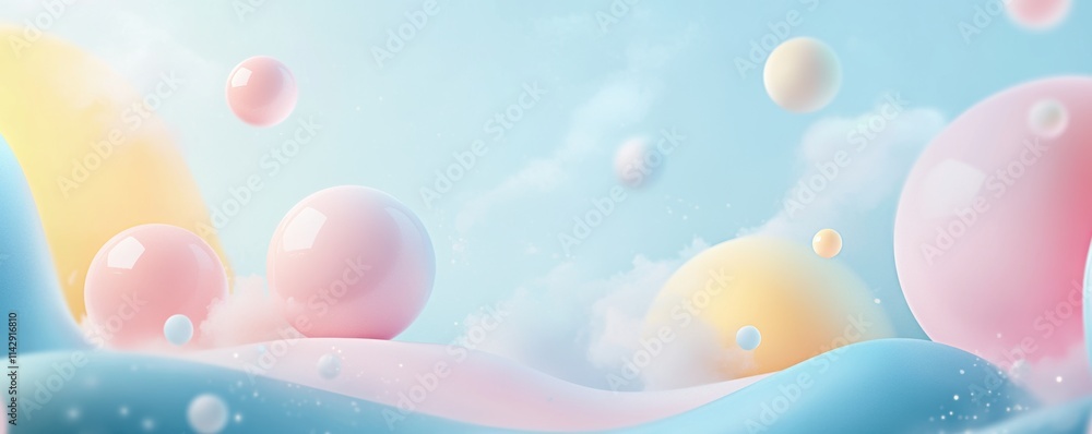 Floating pastel spheres in pink, yellow, and blue tones over abstract wavy shapes. 3D rendering illustration. Floating pastel spheres in pink, yellow, and blue tones over abstract wavy shapes. 3D rendering illustration.