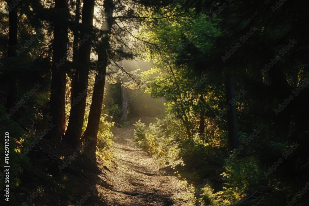 Obraz premium A scenic woodland trail with sunlight filtering through the tree canopy, ideal for outdoor adventures and photography