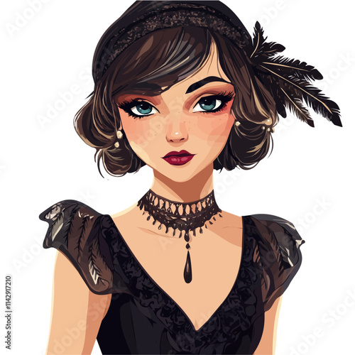 Cute Girl with 1920s Flapper Style – Elegant Vector Illustration for Vintage Fashion Projects  
