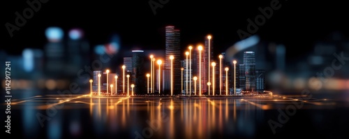 Futuristic digital city skyline with glowing light points and technology grid.