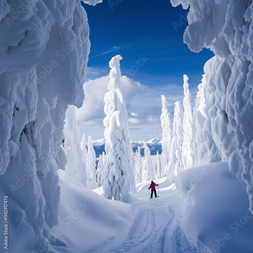 Skier crossing snowy forest. photo