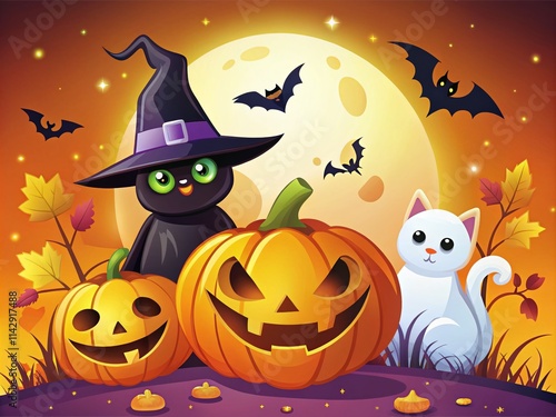 Spooky Halloween Illustrations:  Pumpkin, Cat, Witch, Ghost, Bat, Spider, Candy, Haunted House,  Autumn, Fall, October, Holiday, Design Elements, Digital Art, Graphic, Clipart, Scary, Cute, photo