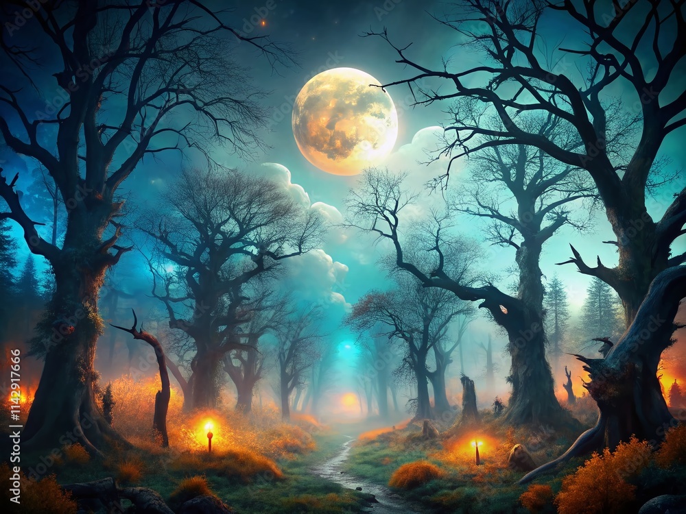 Spooky Halloween Landscape, Creepy Autumn Backgrounds, Haunted Forest Scenery, Dark Nature Photography
