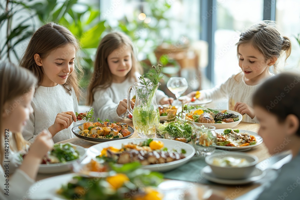A group of children enjoy a meal together, embracing a healthy diet to combat spring vitamin deficiency. Their joyful gathering highlights the importance of nutrition and wellness. A group of children enjoy a meal together, embracing a healthy diet to combat spring vitamin deficiency. Their joyful gathering highlights the importance of nutrition and wellness.