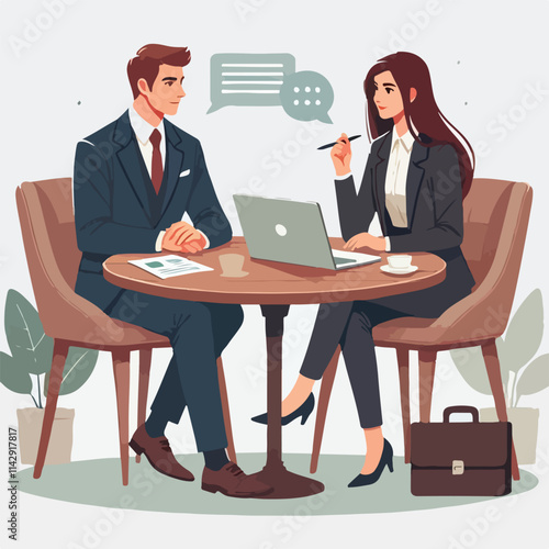 Partners meeting for business discussion with documents and laptop on desk. Couple at round table, speaking, discussing work, partnership. Flat vector on a white background