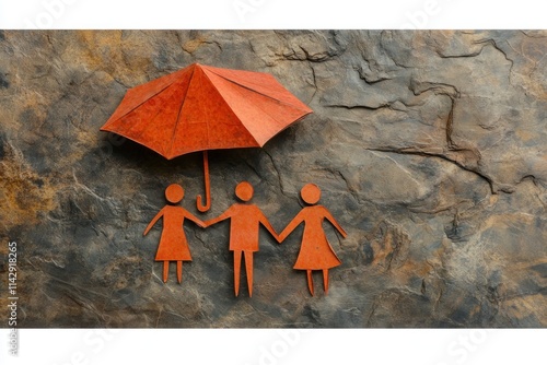 Creative paper cutout of three figures holding hands under a vibrant orange umbrella against a textured stone background representing protection, safety, unity, and family support.