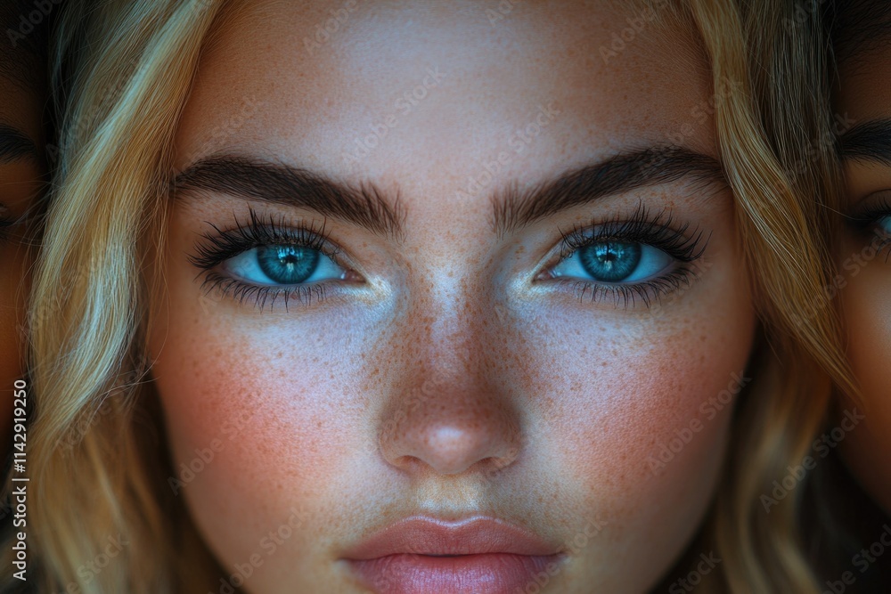 Fototapeta premium A close-up portrait of a woman with distinctive freckles on her face