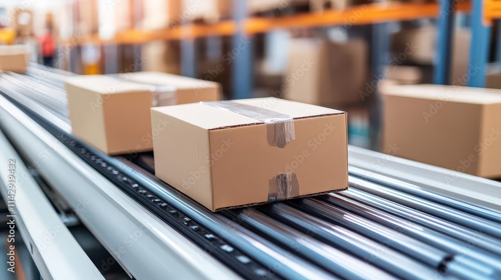 seamless flow of cardboard boxes moving along a conveyor belt in a contemporary warehouse, symbolizing the automation and efficiency of modern e-commerce and distribution systems seamless flow of cardboard boxes moving along a conveyor belt in a contemporary warehouse, symbolizing the automation and efficiency of modern e-commerce and distribution systems