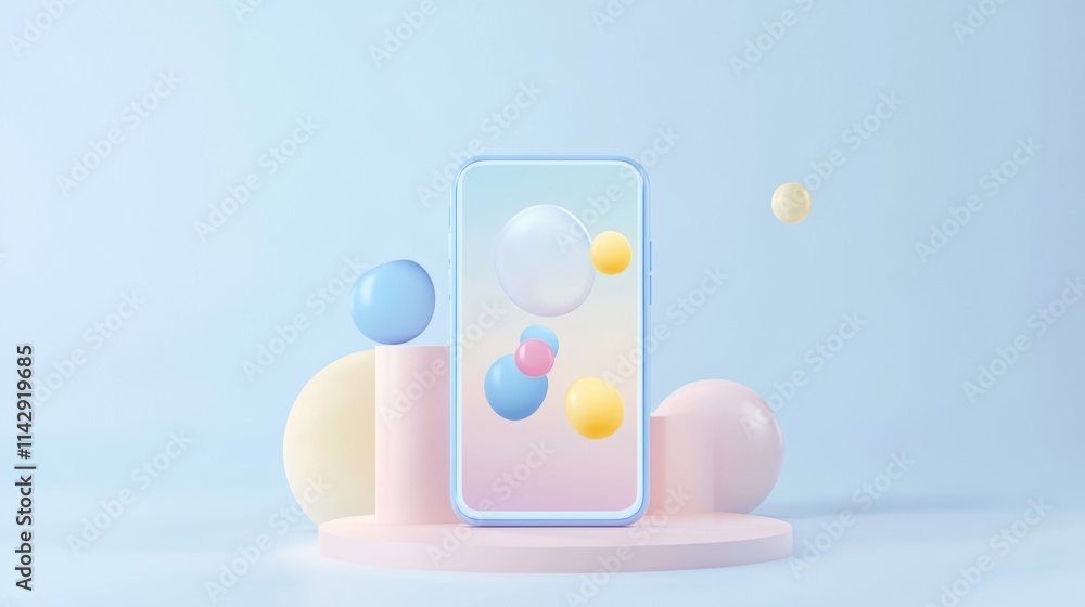 Abstract smartphone surrounded by colorful 3D spheres on geometric shapes. Minimalist product display concept. Mockup design for presentation and technology themes. Abstract smartphone surrounded by colorful 3D spheres on geometric shapes. Minimalist product display concept. Mockup design for presentation and technology themes.
