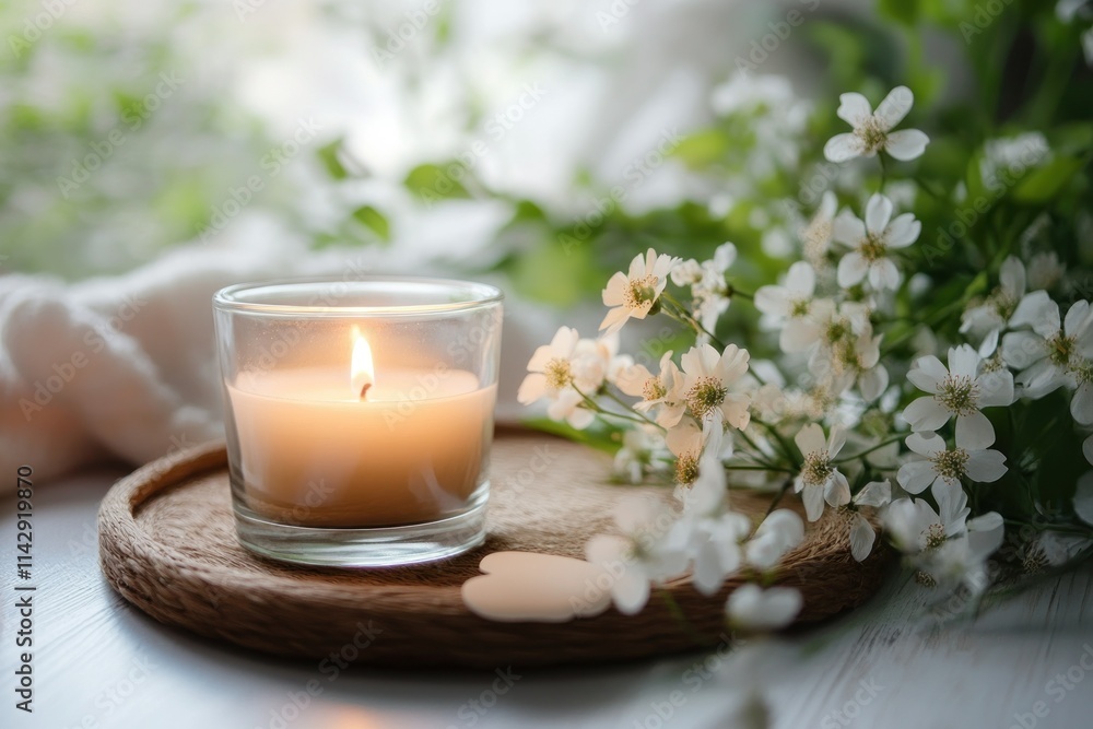 Tranquil Setting with Soft Candlelight and Fresh White Flowers on a Wooden Tray Surrounded by Lush Greenery for Relaxation and Calm Atmosphere Tranquil Setting with Soft Candlelight and Fresh White Flowers on a Wooden Tray Surrounded by Lush Greenery for Relaxation and Calm Atmosphere