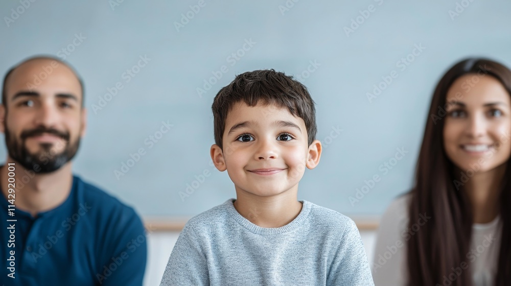 A smiling boy sits between two adults, creating a warm and familial atmosphere in a cozy, modern setting. A smiling boy sits between two adults, creating a warm and familial atmosphere in a cozy, modern setting.