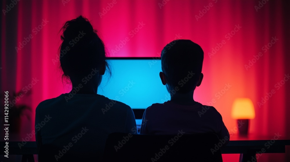 A silhouette of two people sitting together, illuminated by a brightly lit screen, with a colorful background creating a cozy atmosphere. A silhouette of two people sitting together, illuminated by a brightly lit screen, with a colorful background creating a cozy atmosphere.