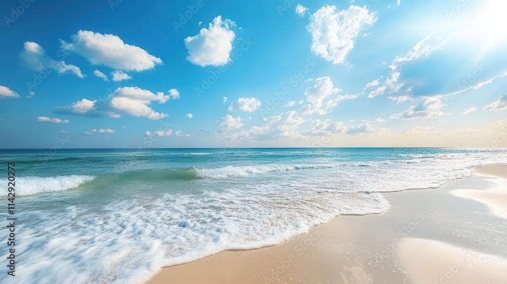 serene beach view with gentle white sand meeting a vibrant blue ocean, fluffy white clouds float in a clear sky, capturing the essence of a perfect summer getaway serene beach view with gentle white sand meeting a vibrant blue ocean, fluffy white clouds float in a clear sky, capturing the essence of a perfect summer getaway
