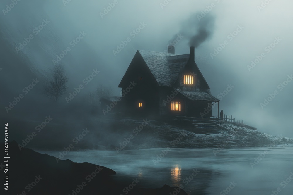 A house stands out in a thick fog, lit by a warm light A house stands out in a thick fog, lit by a warm light