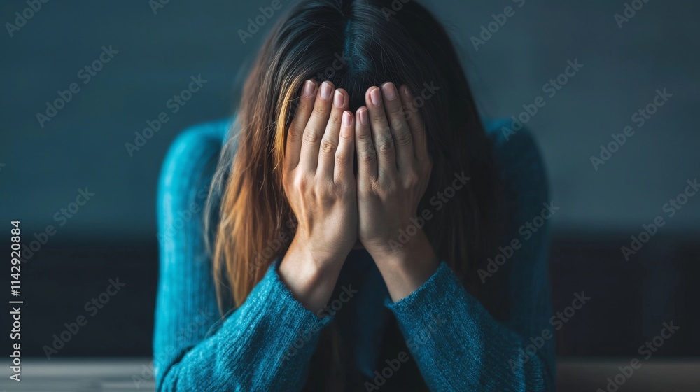 A woman with long hair is sitting with her head in her hands, expressing a deep sense of sadness and distress in a dimly lit environment. A woman with long hair is sitting with her head in her hands, expressing a deep sense of sadness and distress in a dimly lit environment.