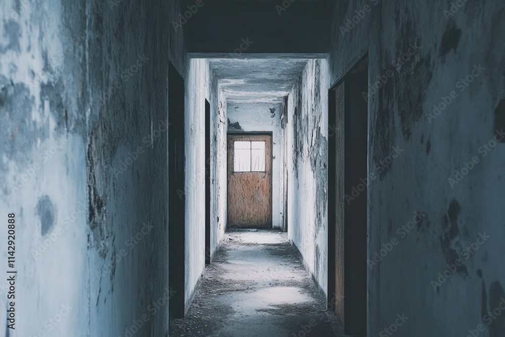 Empty hallway with a wooden door Empty hallway with a wooden door